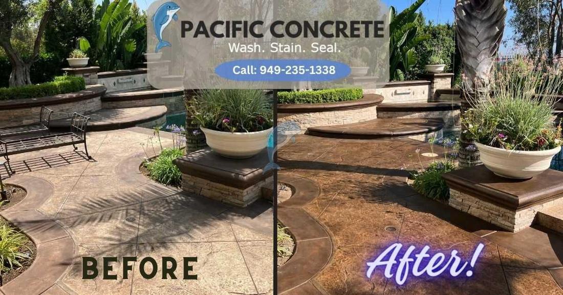 Stamped concrete in Tustin Ranch, cleaned, stained, and sealed